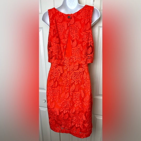 New NICOLE MILLER Artelier Vibrant Lace Orange Dress Shift Sheath Layered Floral - Picture 7 of 11
